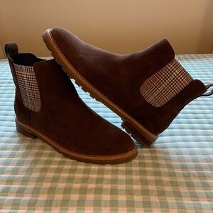 Women's Brown Suede Chelsea Boot with Plaid Elastic Panels